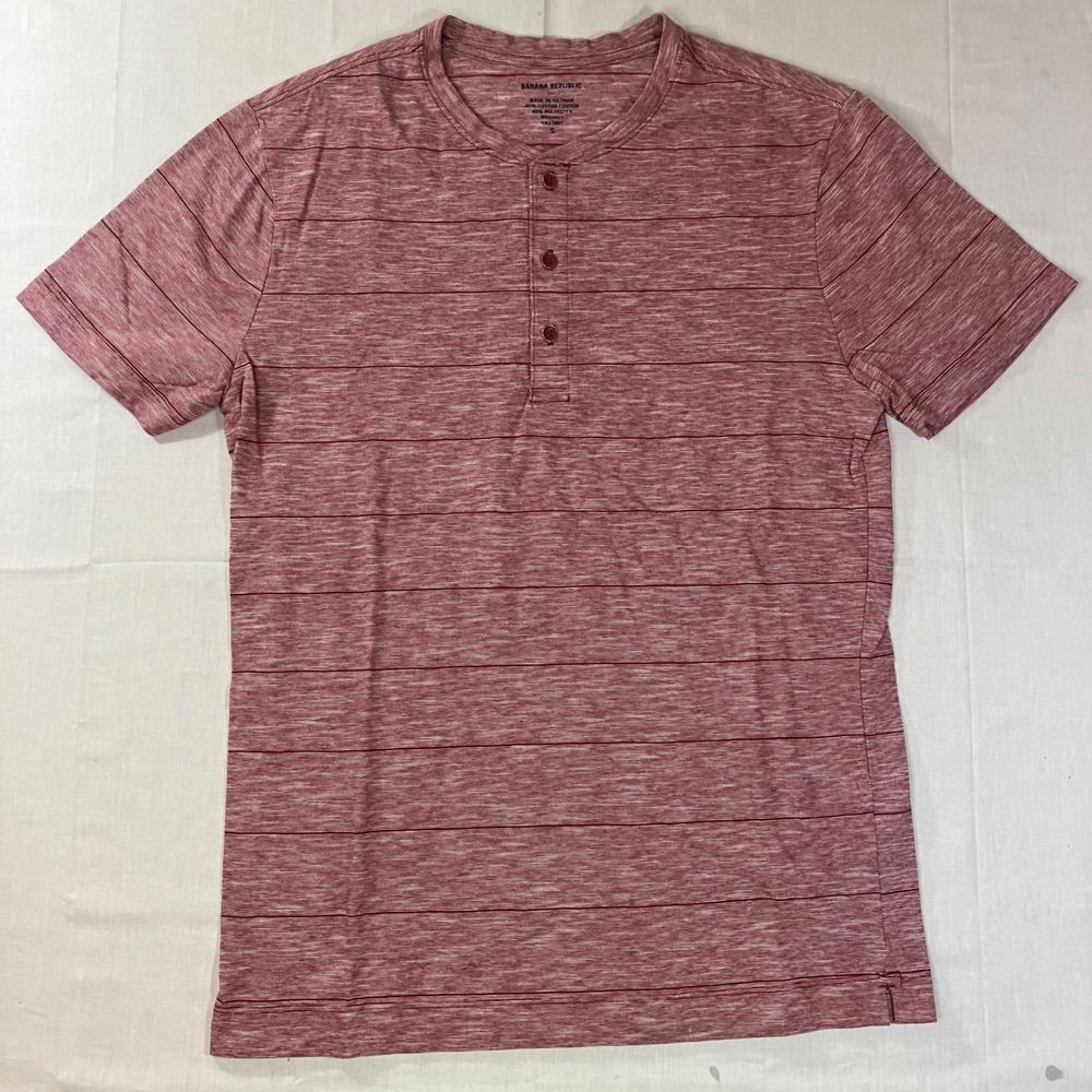 Banana Republic Mens Small Red Striped Short Sleeve Henley Shirt Cotton Blend